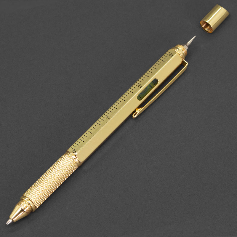 gold multi tool DIY gift pen spirit level, ruler and screwdriver and grip full pen image